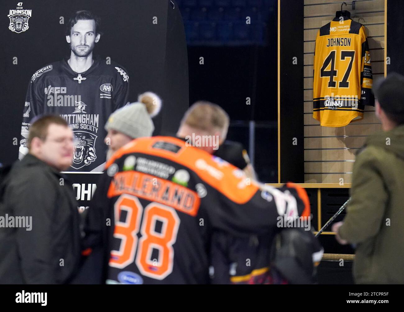 File photo dated 04-11-2023 of people attending a memorial for Nottingham Panthers' ice hockey player Adam Johnson. American ice hockey player Johnson died aged 29 after an on-ice collision at a match between Nottingham Panthers and Sheffield Steelers. Issue date: Thursday December 14, 2023. Stock Photo