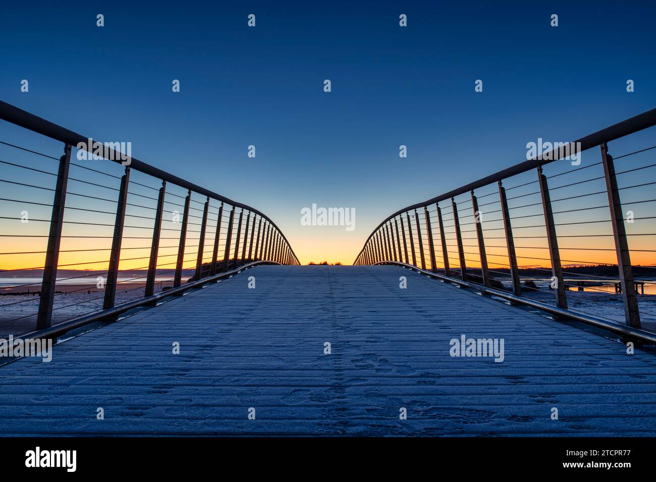 The footbridge over to east beach at dawn. Lossiemouth, Morayshire, Scotland Stock Photo