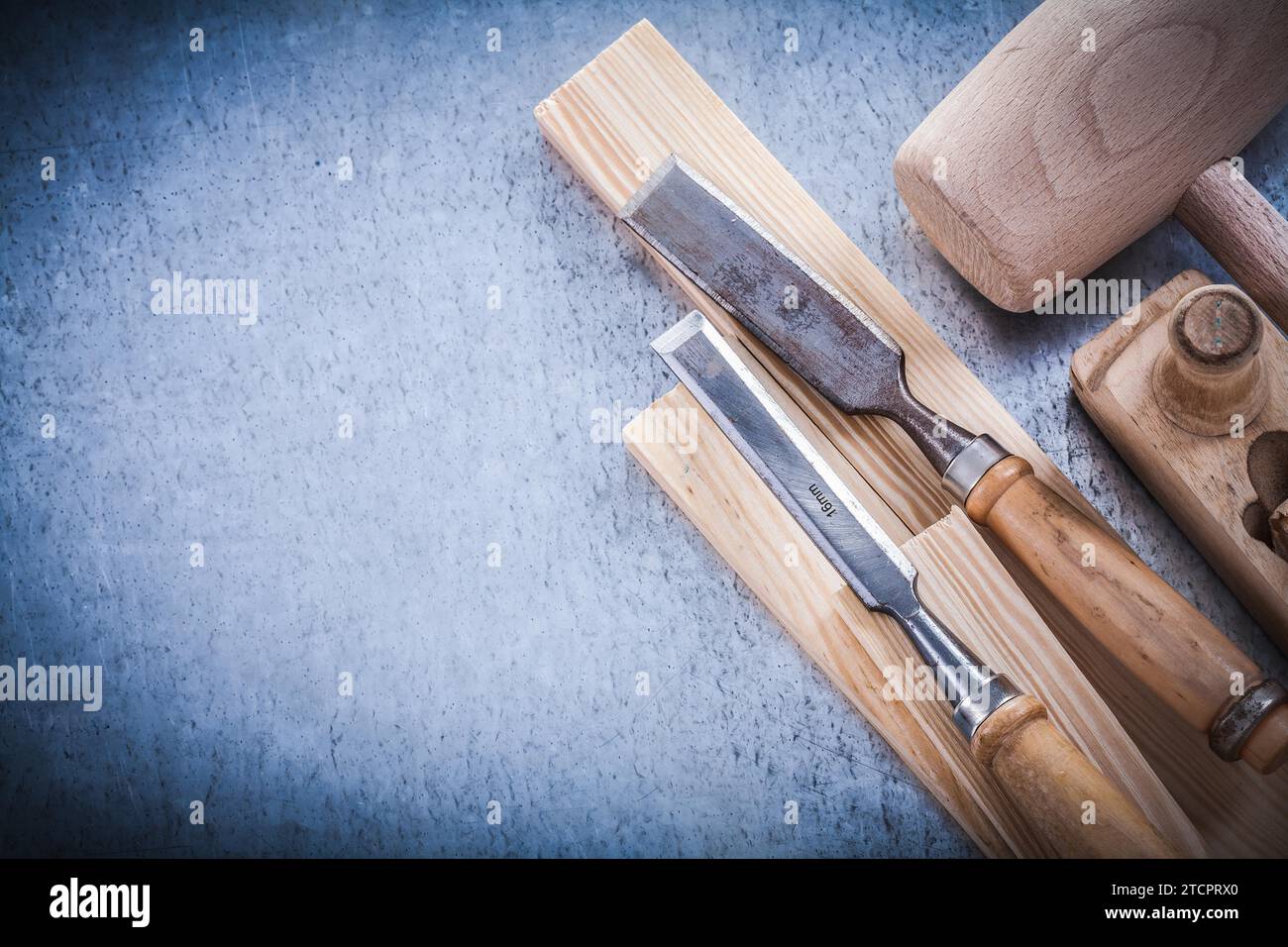 Wooden razor plane Hammer cleats Flat chisel Construction concept Stock