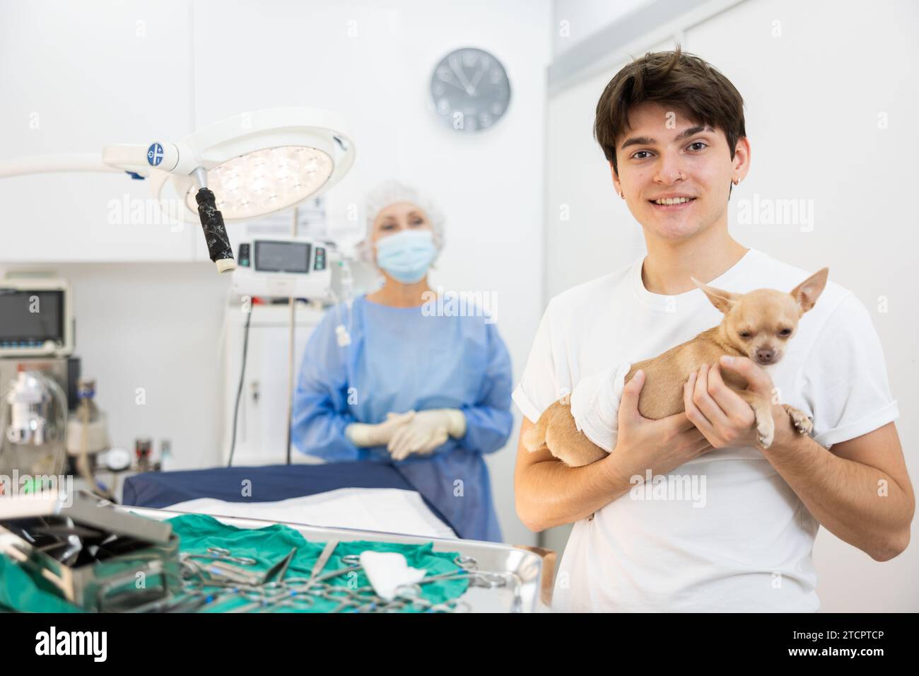 Smiling guy holding chihuahua after successful surgery at veterinary clinic Stock Photo