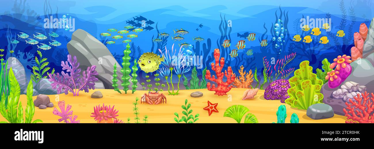 Cartoon tropical underwater landscape banner or game level scene. Fish ...