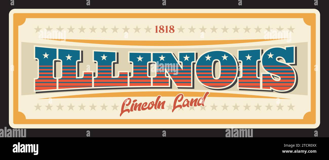 Illinois United States retro travel plate, antique signboard with typography plaque of Springfield. Vector Lincoln land vintage vector banner, signs for tourist destination, tin number Stock Vector