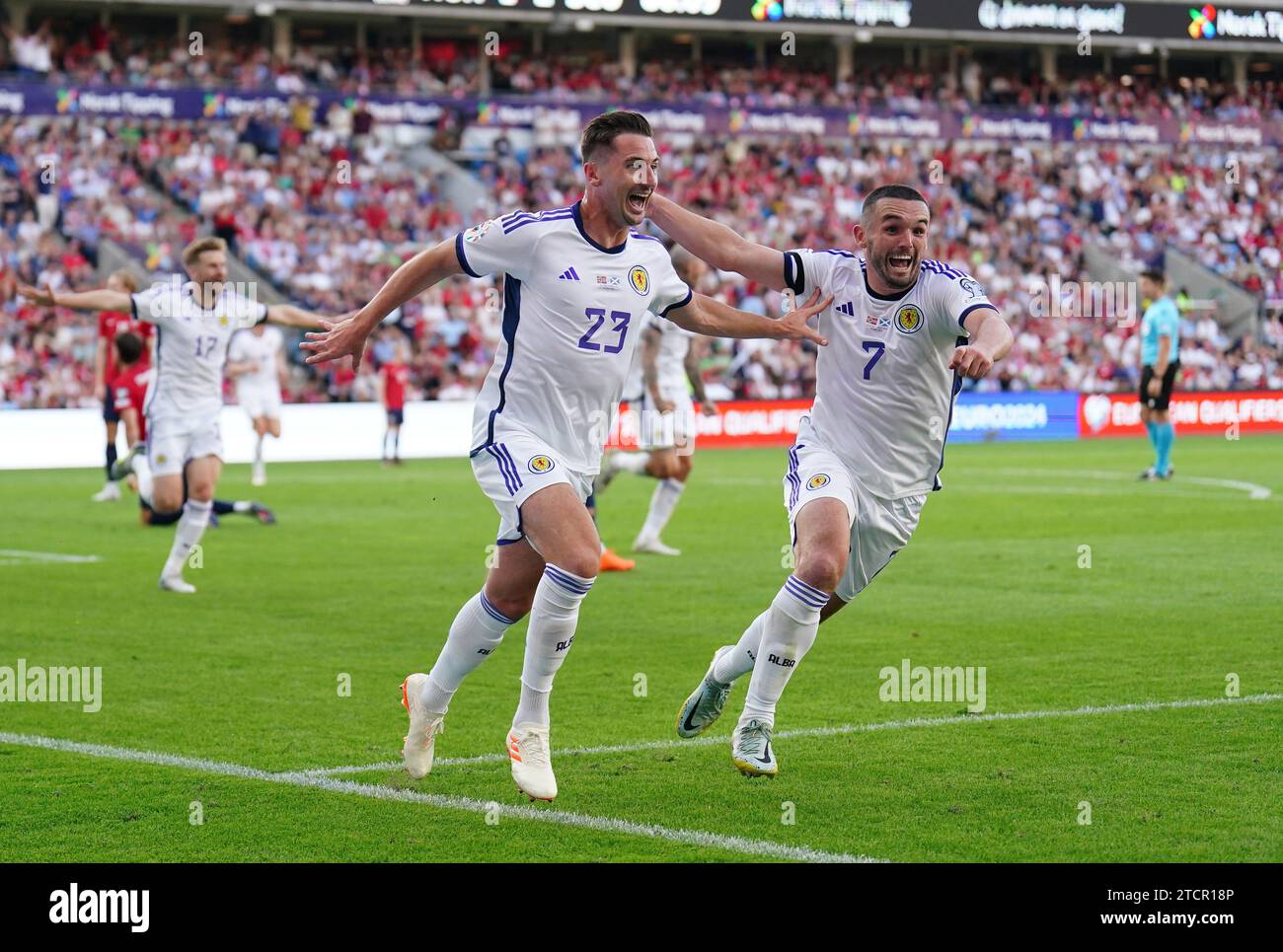 File photo dated 17-06-2023 of Scotland's Kenny McLean (left) celebrating scoring against Norway. Scotland beat Norway 2-1 in their Euro 2024 qualifier in Oslo. Issue date: Thursday November 14, 2023. Stock Photo
