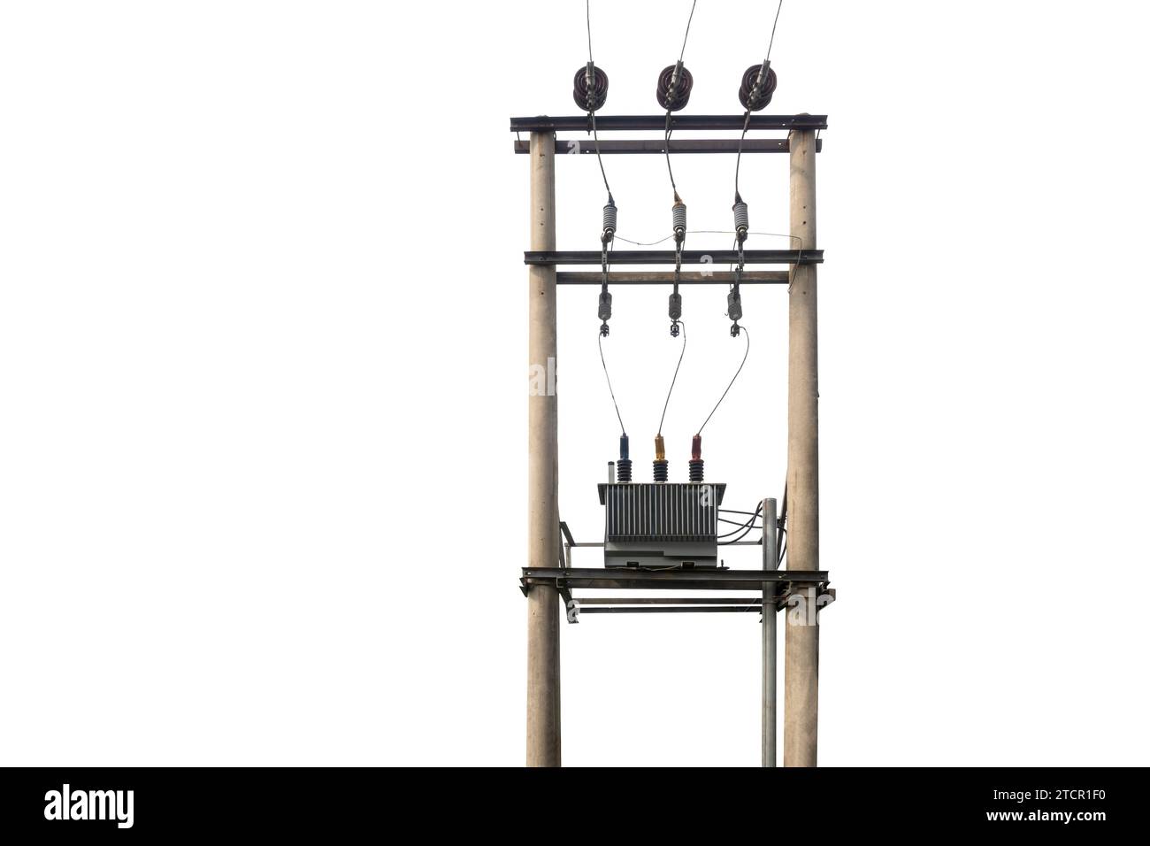 High voltage power lines tower isolated over white background Stock