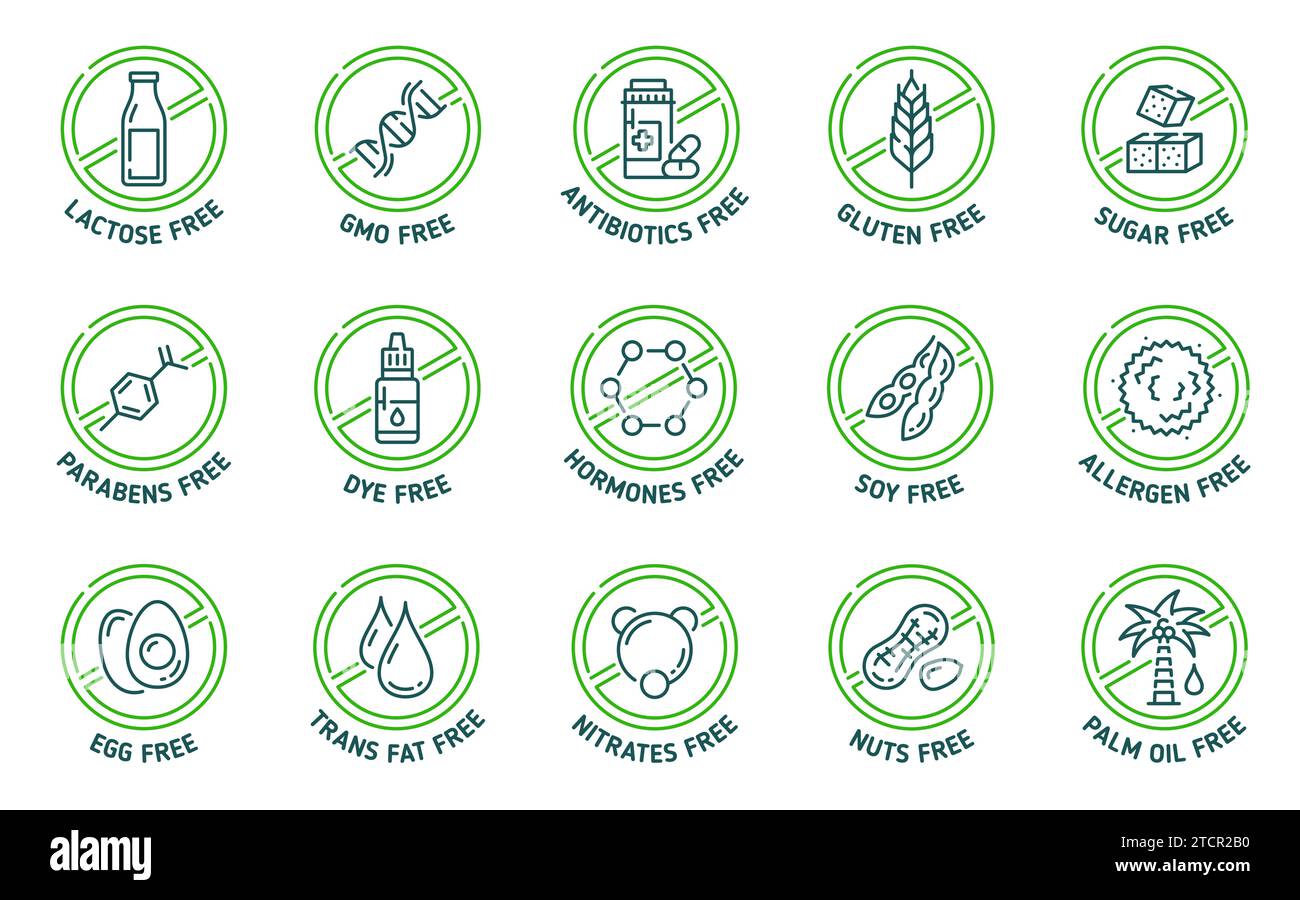 Sugar, gluten, GMO, lactose free icons and signs. Steroids, parabens and hormones, antibiotics, soy, allergen and palm oil, trans fat, nuts, egg contain in food product outline symbol pictograms Stock Vector