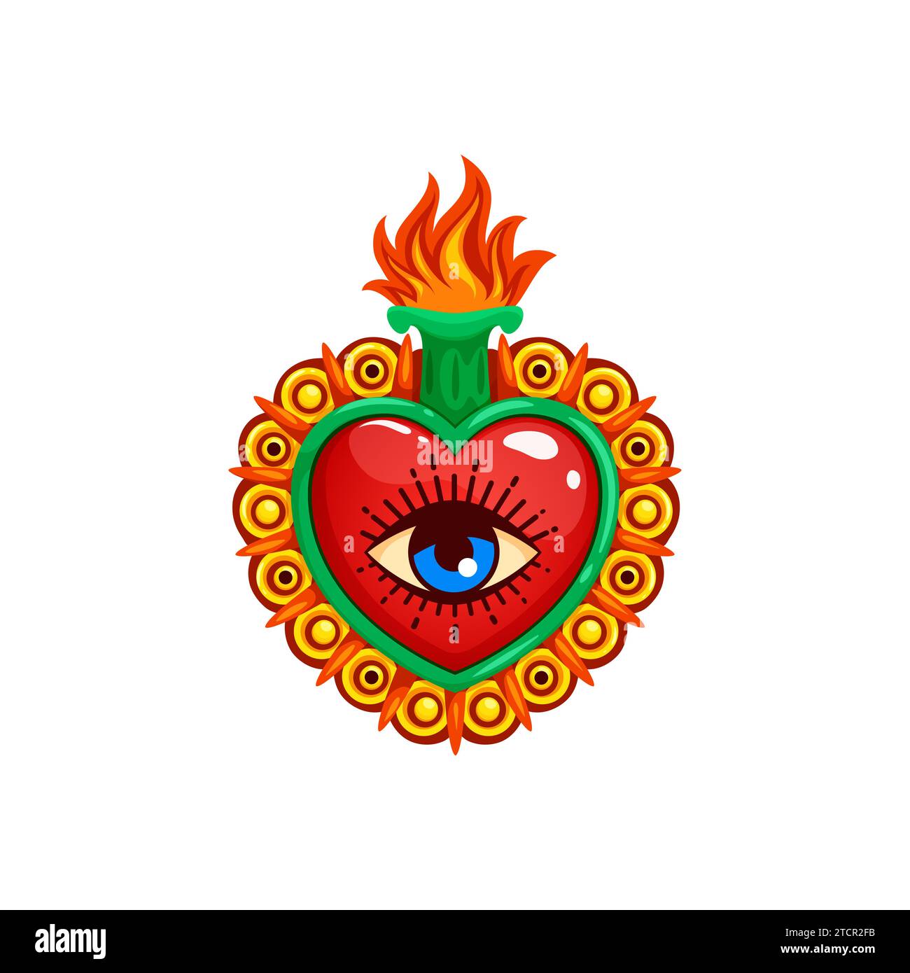 Mexican sacred heart with eye and burning flames, tattoo or religion vector symbol. Sacred heart or Corazon Milagro symbol of Jesus love and God divine miracle in Mexican Catholic religion Stock Vector