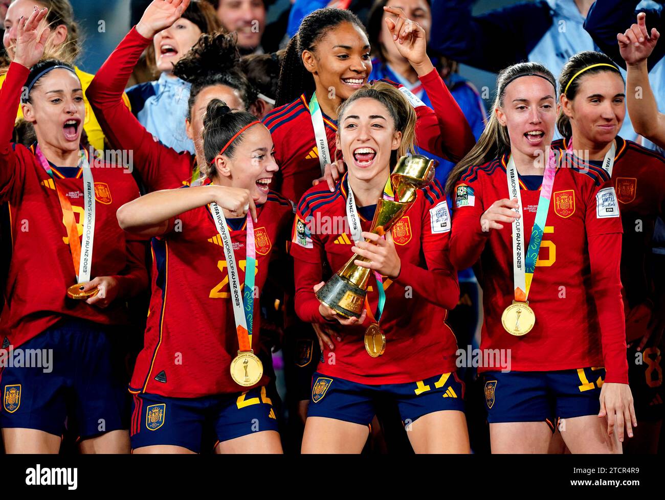 File photo dated 20-08-2023 of Spain's Olga Carmona celebrating with the FIFA Women's World Cup trophy. Olga Carmona scored the only goal of the game as Spain won the Women's World Cup with a 1-0 win against England in Sydney. Issue date: Thursday November 14, 2023. Stock Photo