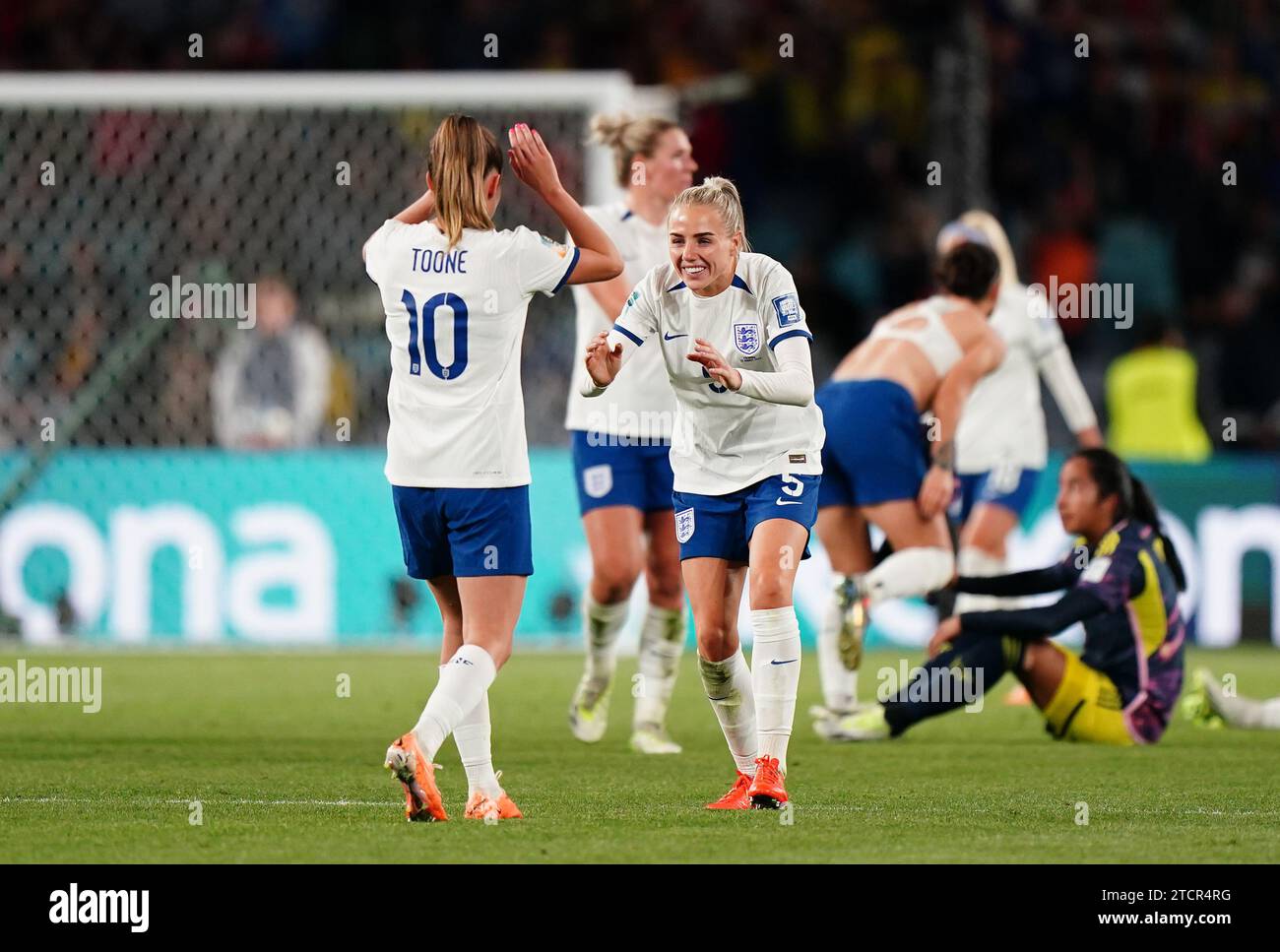 File photo dated 12-08-2023 of England's Alex Greenwood and Ella Toone celebrating victory against Colombia. England reached the Women's World Cup semi-finals following a 2-1 victory over Colombia. Issue date: Thursday November 14, 2023. Stock Photo