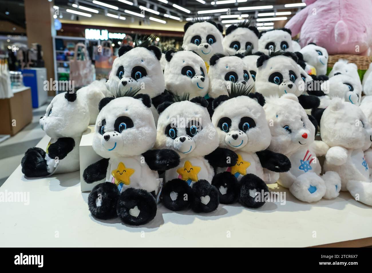 Set of cute panda plush toy on display in a store for children Stock ...