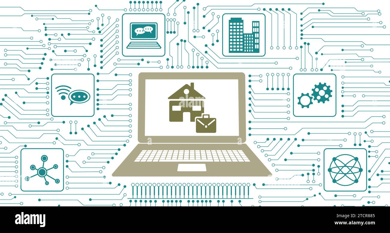Concept of work from home with icons integrated in circuit Stock Photo ...