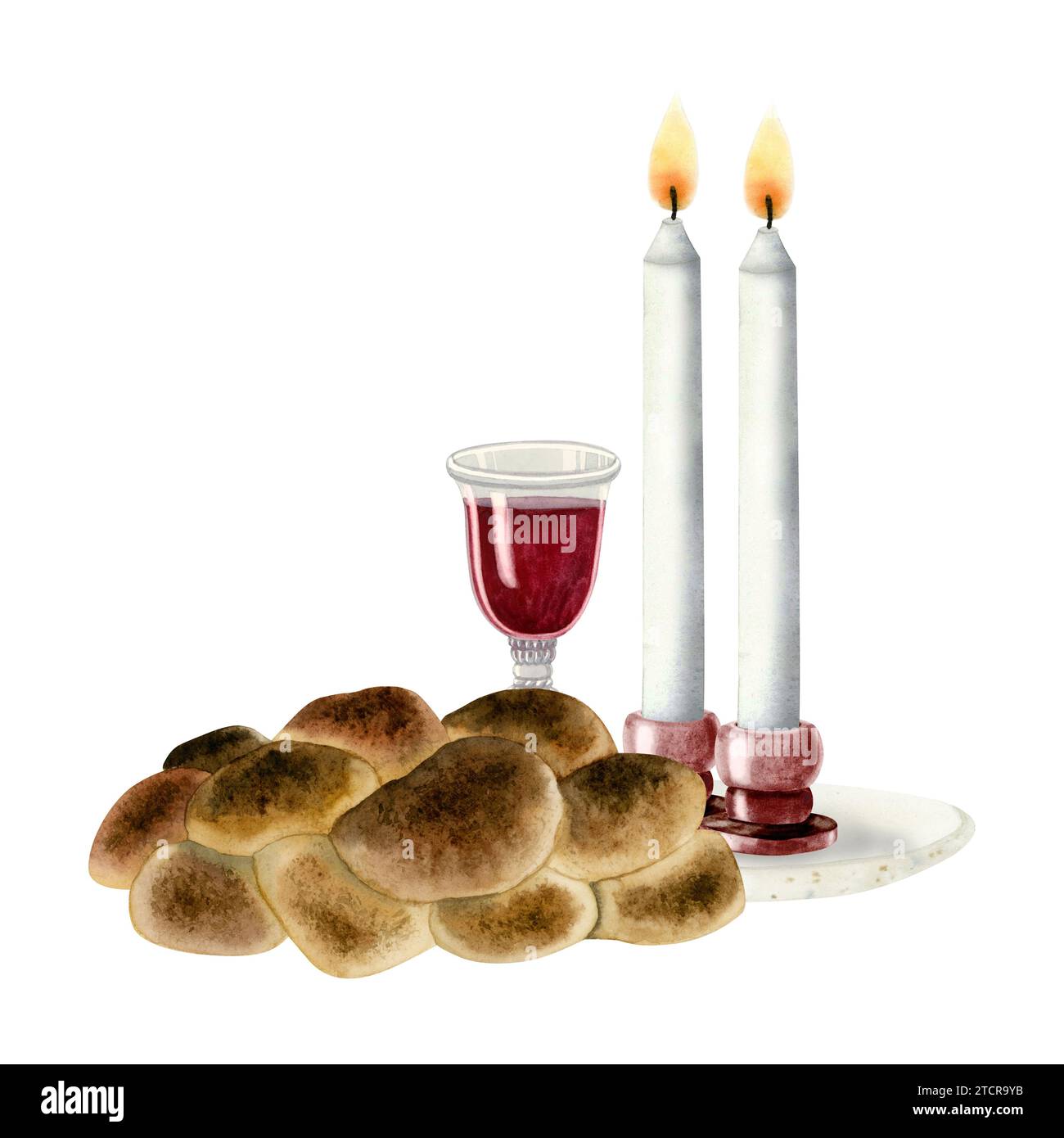 Shabbat challah, two candles and red wine glass watercolor illustration ...