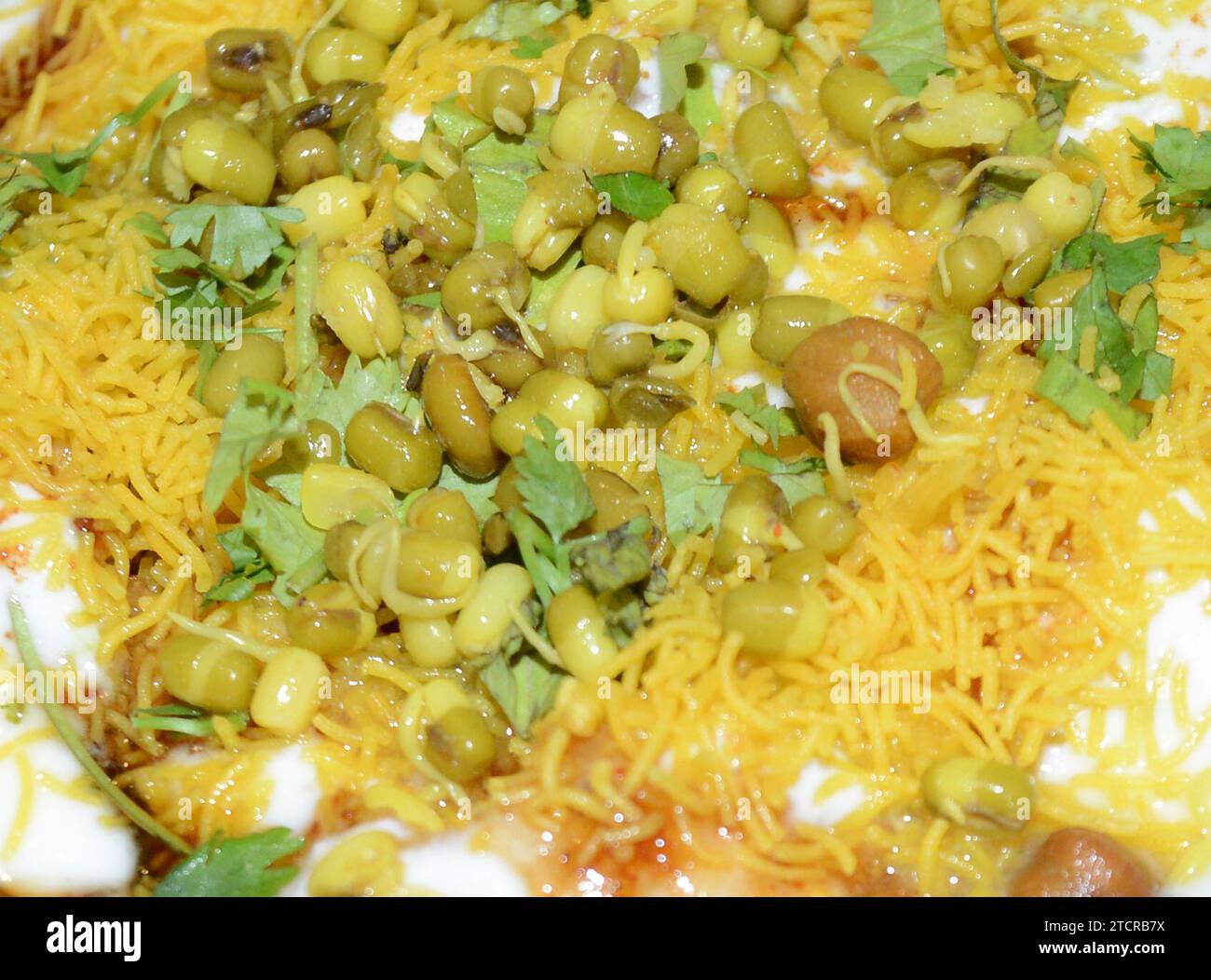 A plate of Dahi Puri served with served with Sev on top. Stock Photo