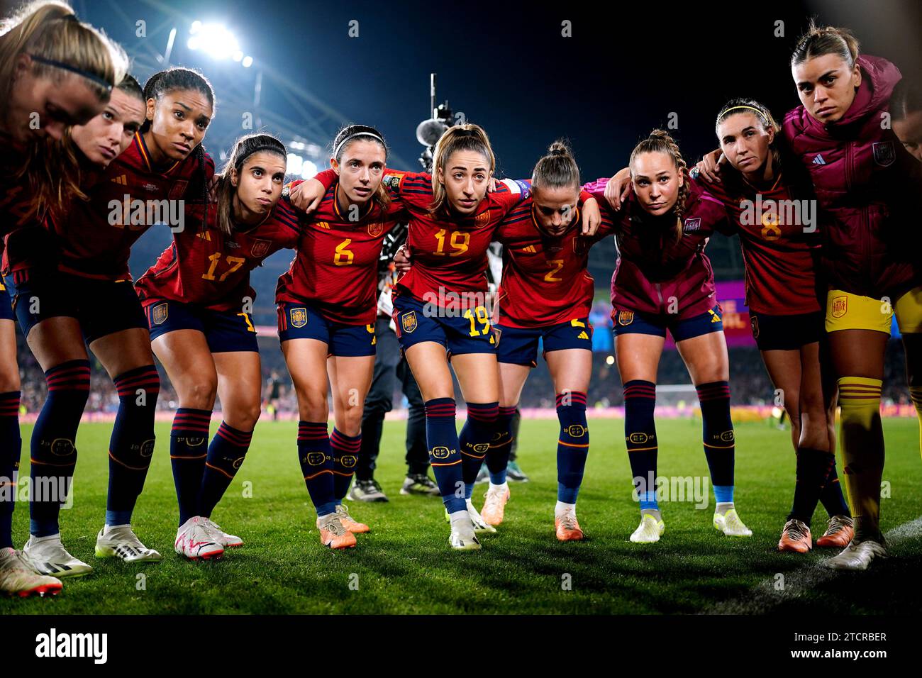 File photo dated 20-08-2023 of Spain players huddle together on the pitch. Twenty-one of Spain's World Cup-winning squad issued a statement saying the resignation of Luis Rubiales was 'not enough' to trigger their return to national team duty. Issue date: Thursday December 14, 2023. Stock Photo