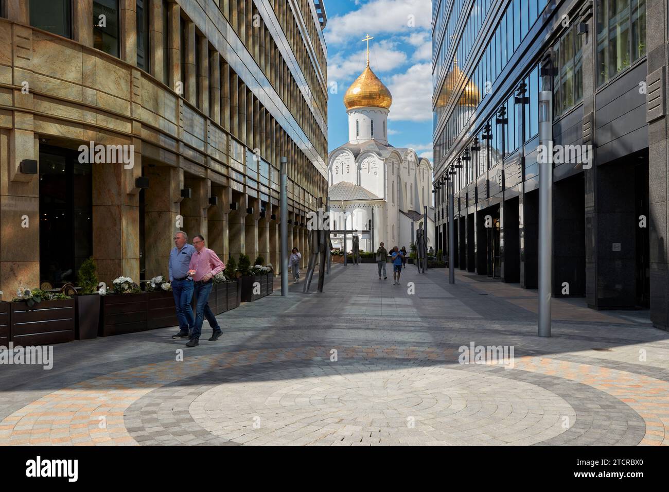 Old Church of Saint Nicholas at Tverskaya Zastava surrounded by modern buildings. Moscow, Russia. Stock Photo