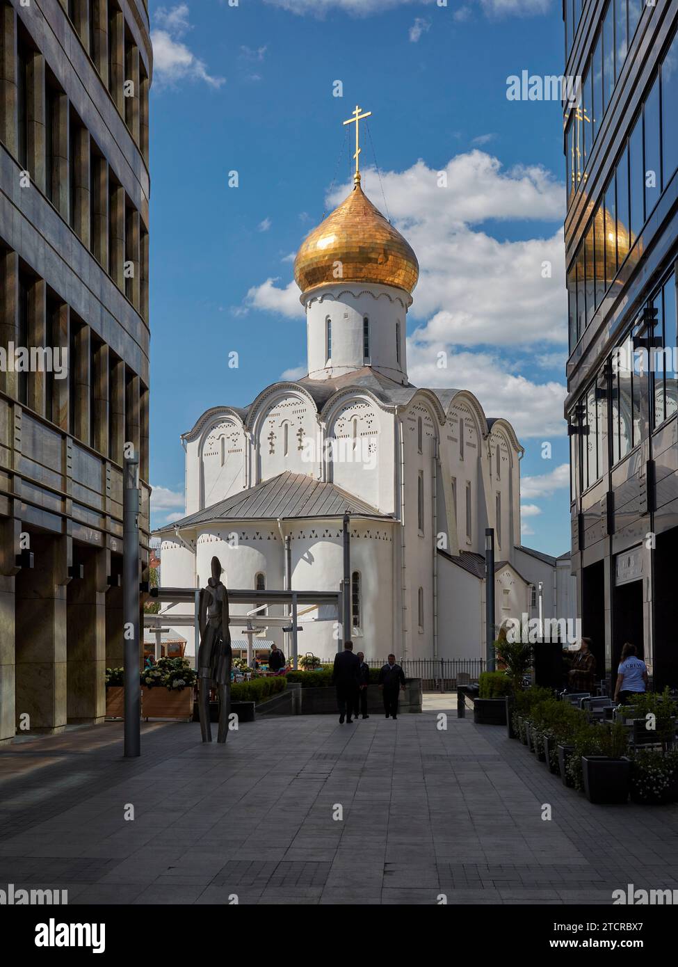 Old Church of Saint Nicholas at Tverskaya Zastava surrounded by modern buildings. Moscow, Russia. Stock Photo