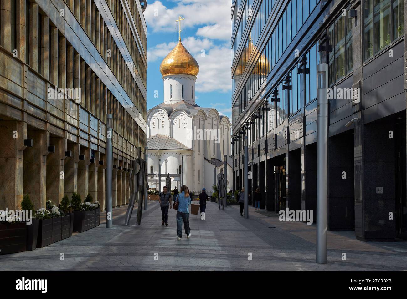 Old Church of Saint Nicholas at Tverskaya Zastava surrounded by modern buildings. Moscow, Russia. Stock Photo