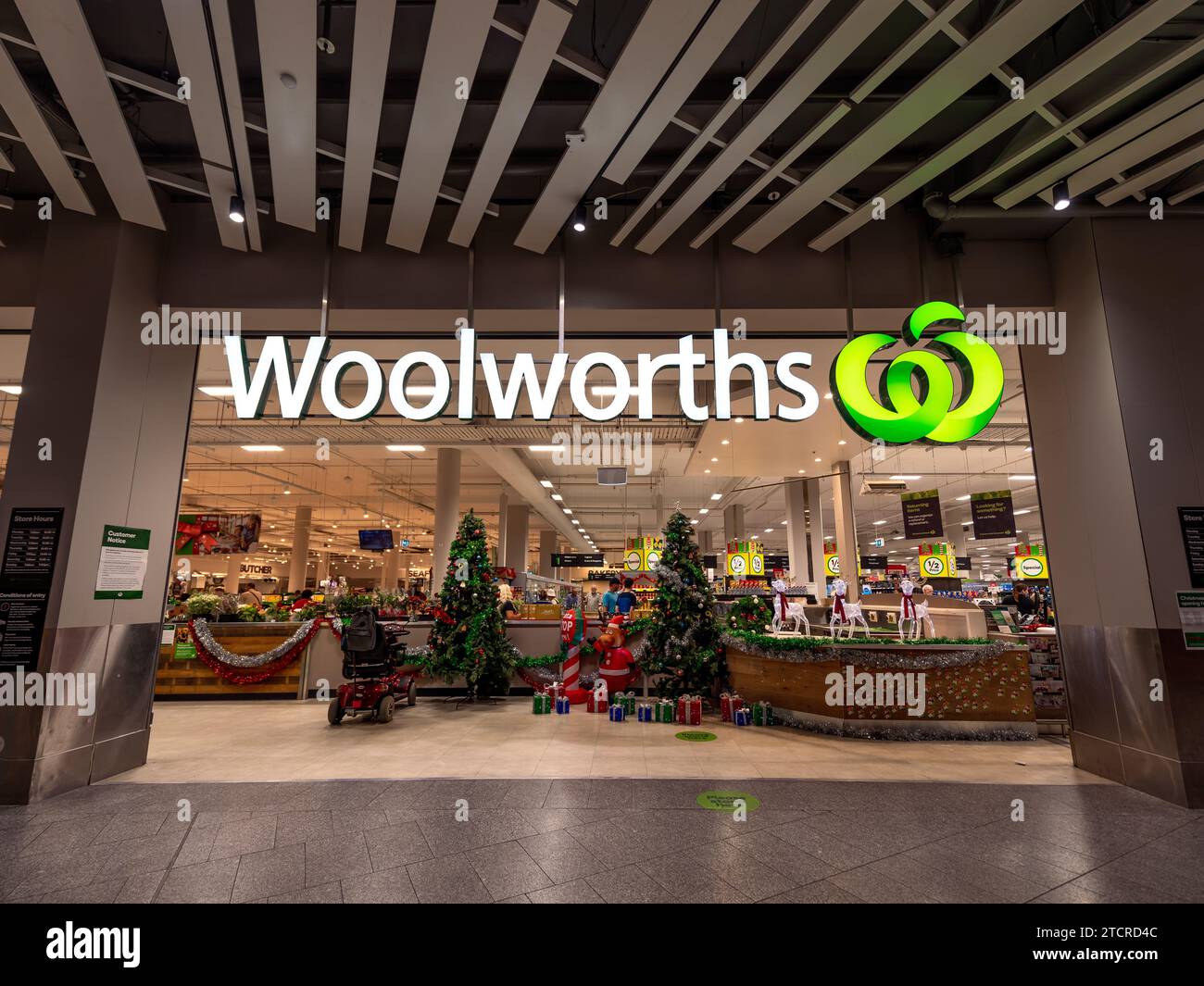 Gold Coast, QLD, Australia - Woolworths supermarket with Christmas decorations in Pacific Fair shopping centre Stock Photo