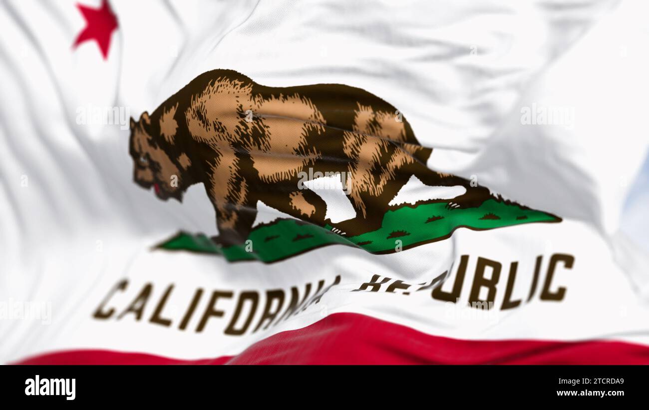 Close-up of California State flag waving in the wind on a clear day. California flag is also the Bear Flag. 3d illustration render. Rippled Fabric. Se Stock Photo