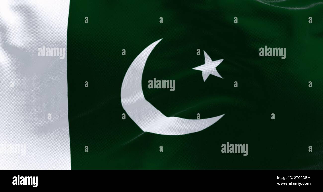 Close-up of Pakistan National flag waving. Green with white band on hoist; white crescent moon and five-pointed star. 3d illustration render. Rippling Stock Photo