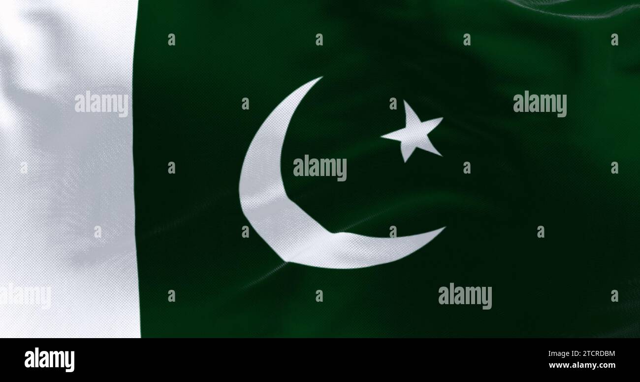 Closeup of Pakistan National flag waving. Green with white band on