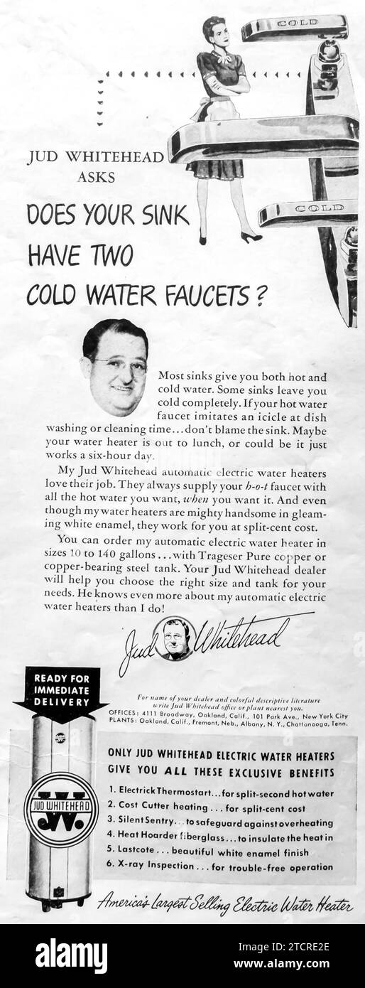 1947 Jud Whitehead electric water heaters ad Stock Photo
