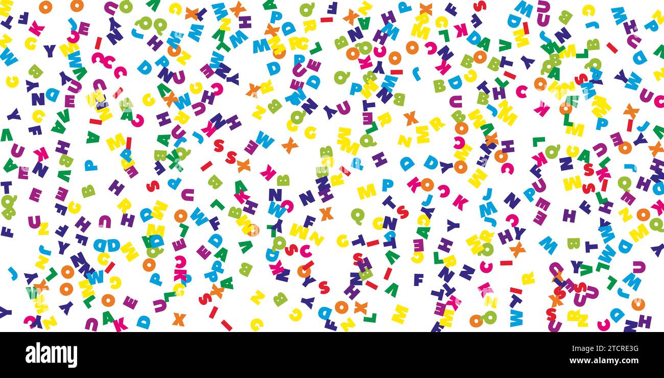 Falling letters of English language. Colorful flying words of Latin