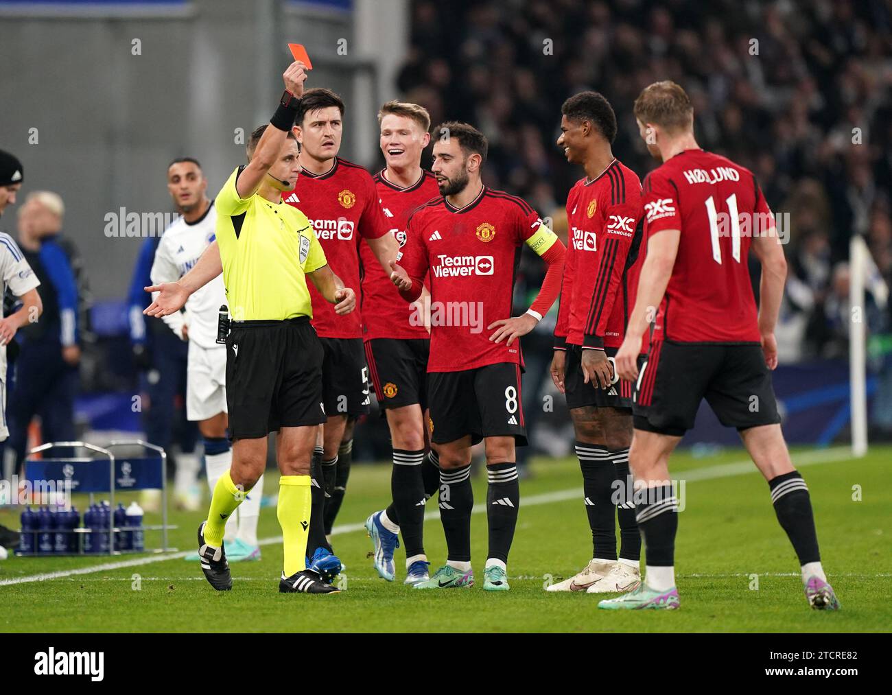File photo dated 08-11-2023 of Manchester United's Marcus Rashford (second right) is shown a red card. Manchester United's Champions League hopes were left hanging by a thread after they twice blew a lead following Marcus Rashford's red card before losing 4-3 at Copenhagen. Issue date: Thursday December 14, 2023. Stock Photo