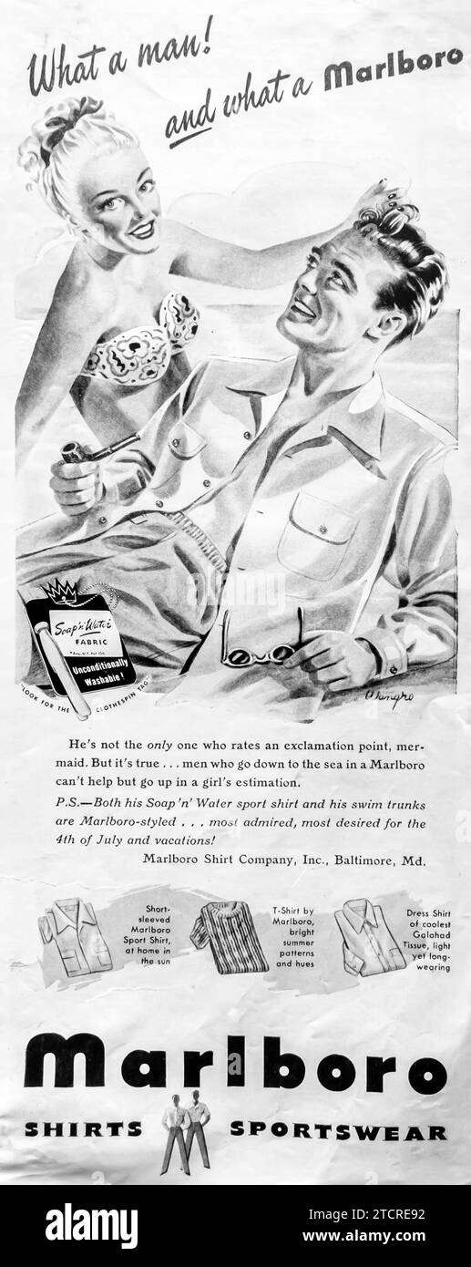 1947 Marlboro shirts ad. 'What a man and what a Marlboro.' Stock Photo