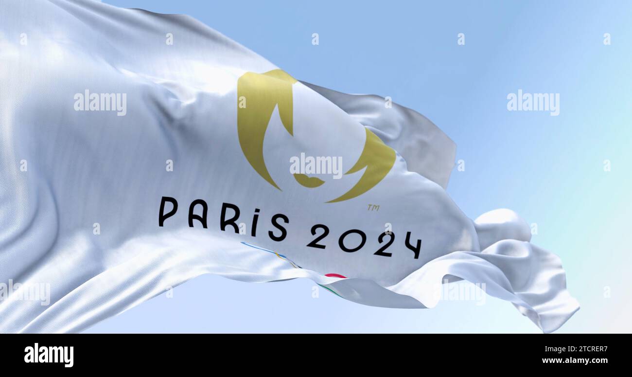 Paris, FR, Oct. 12 2023: Paris 2024 and the Olympics Games flags waving in the wind. International sporting event. Illustrative editorial 3d illustrat Stock Photo