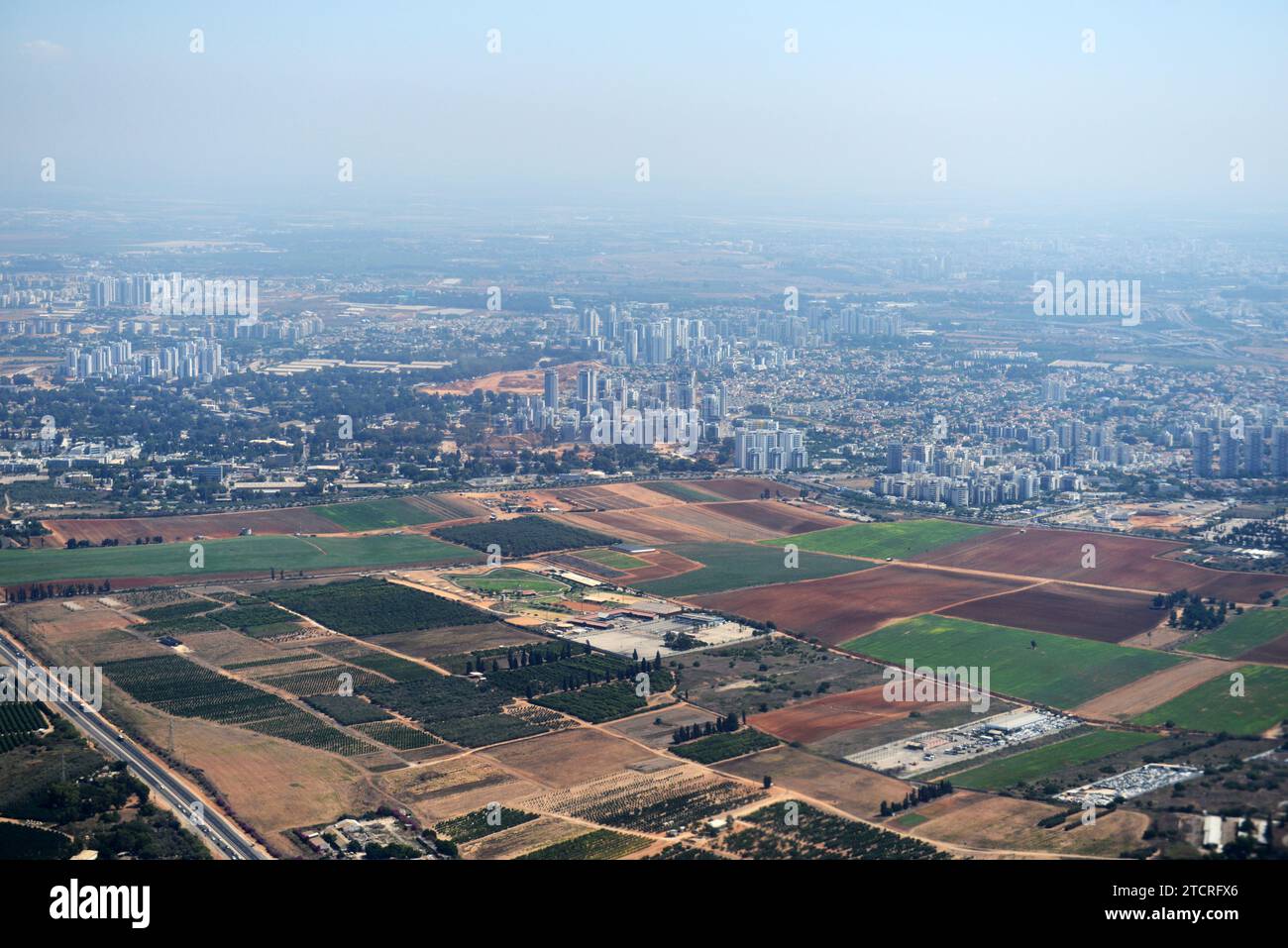 Aerial view of agriculture land and the highways in the Shfela region in Israel. Stock Photo