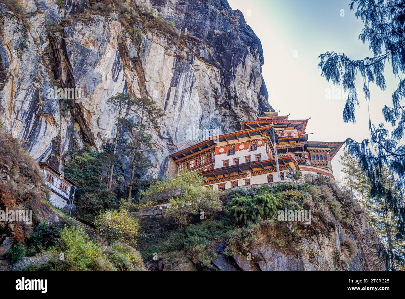 Paro Taktsang (or Taktsang Palphug Monastery or the Tiger's Nest), a sacred Vajrayana Himalayan Buddhist cliffside site, upper Paro valley, Bhutan Stock Photo