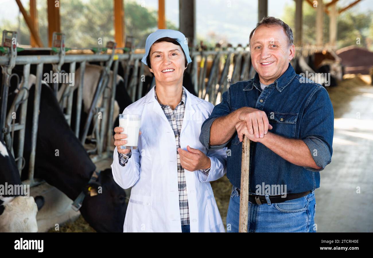 Adult couple are standing near cows at the farm Stock Photo - Alamy