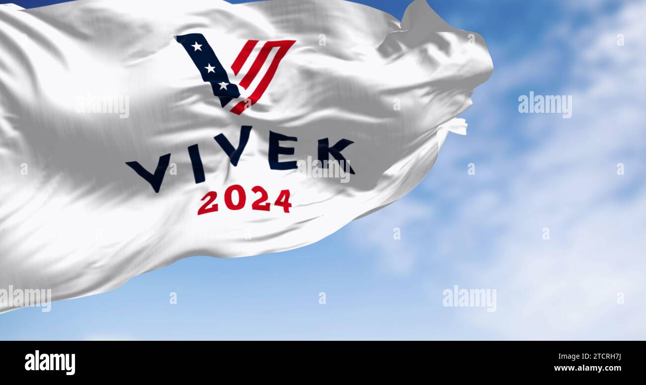Washington D.C., US, June 21 2023: Vivek Ramaswamy 2024 presidential election campaign flag waving on a clear day. Illustrative editorial 3d illustrat Stock Photo
