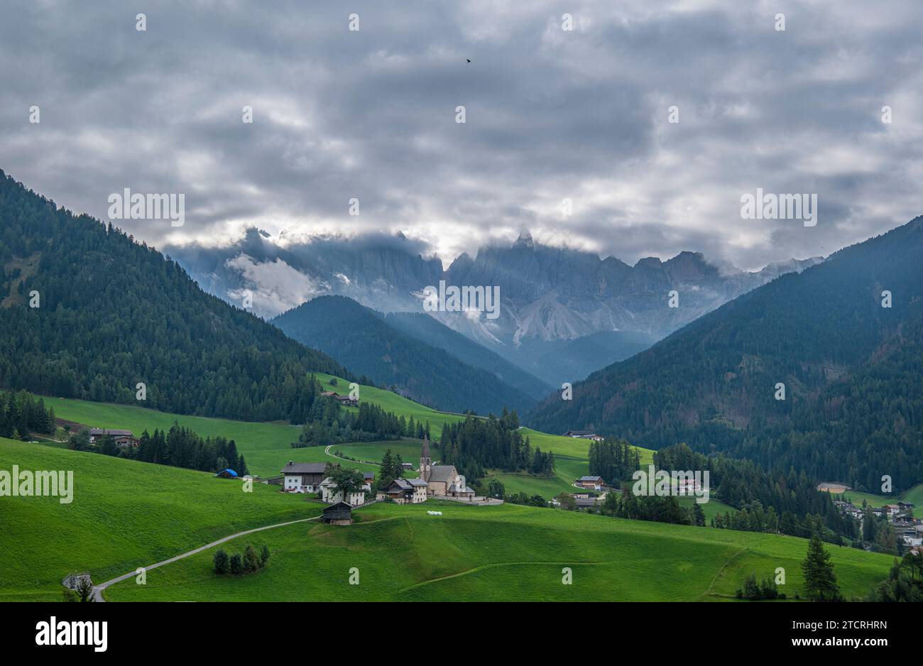 Santa Maddalena, Val di Funes,Alpine village, iconic church, meadows, forest trails, and Tyrolean charm create a picturesque scene with breathtaking s Stock Photo