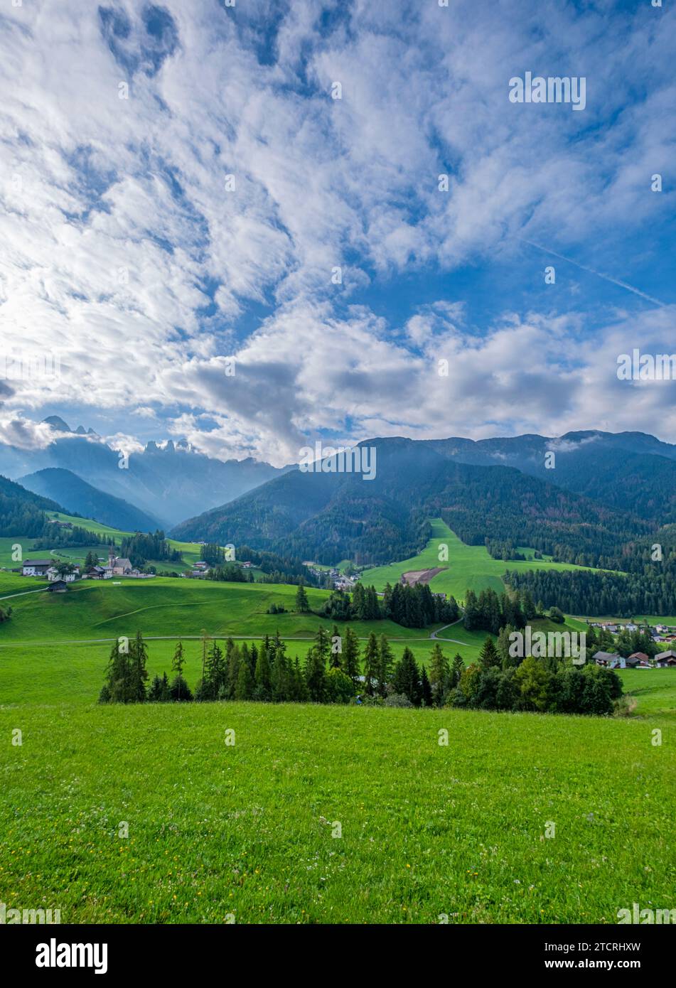Santa Maddalena, Val di Funes, Alpine village, iconic church, meadows, forest trails, and Tyrolean charm create a picturesque scene with breathtaking Stock Photo