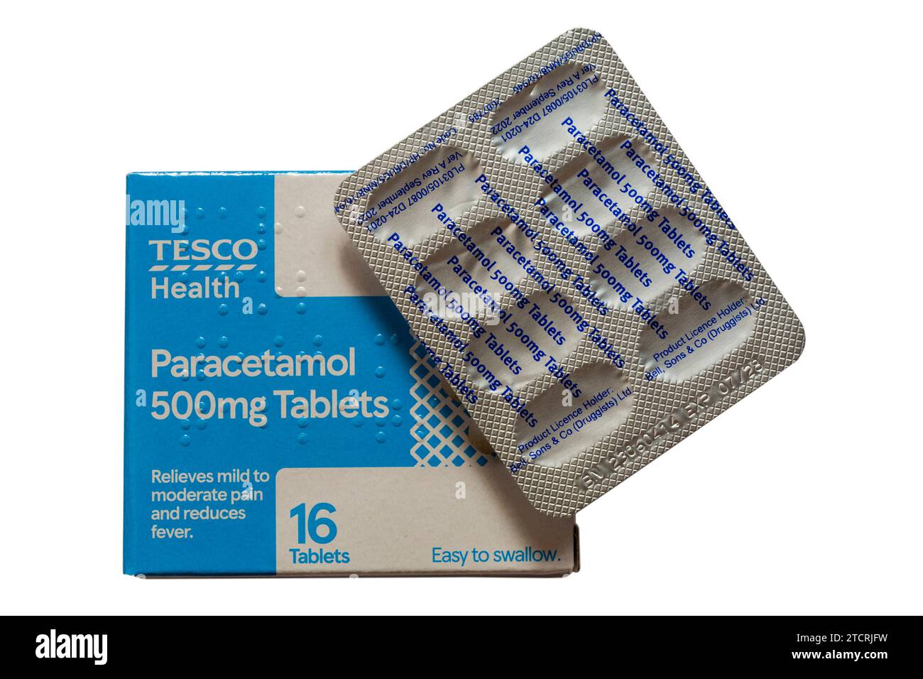 Pack of Tesco Health Paracetamol 500mg tablets with blister pack removed isolated on white background Stock Photo