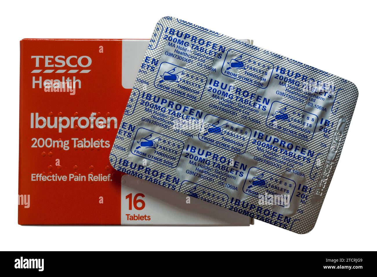 Tesco Health ibuprofen 200mg tablets effective pain relief tablets medication with blister pack removed  isolated on white background Stock Photo