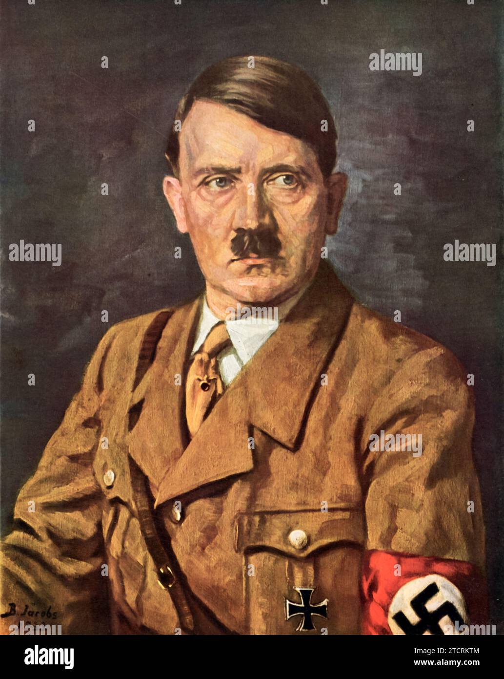 Portrait of Adolf Hitler, German leader, painted in 1933 by B Von Jacobs. This colored painting depicts Hitler during a significant period, just as he rose to power in Germany. The artwork captures the historical figure in a formal pose, reflecting the art style and portraiture techniques of the early 1930s. Stock Photo