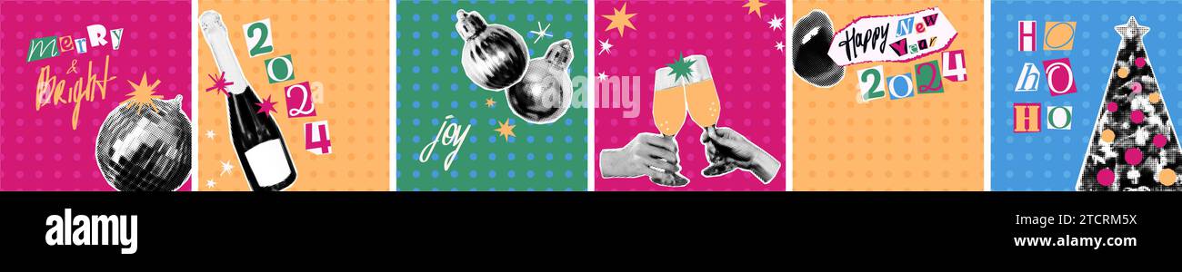 Christmas halftone collage poster set vector illustration Stock Vector