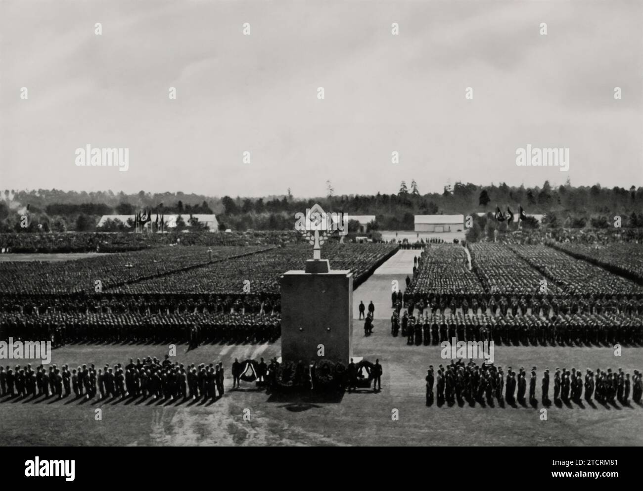 Das Heer der Arbeit (The Army of Labor) at the Reichsparteitag (Nazi Party Rally), 1935. This gathering showcases the Nazi regime's focus on labor and industry as pillars of national strength and propaganda. The 1935 rally, held in Nuremberg, was a significant event, used by the Nazis to project unity and power. It was during this period that the regime was intensifying its control and beginning to implement its broader, more aggressive policies both domestically and in foreign affairs. Stock Photo