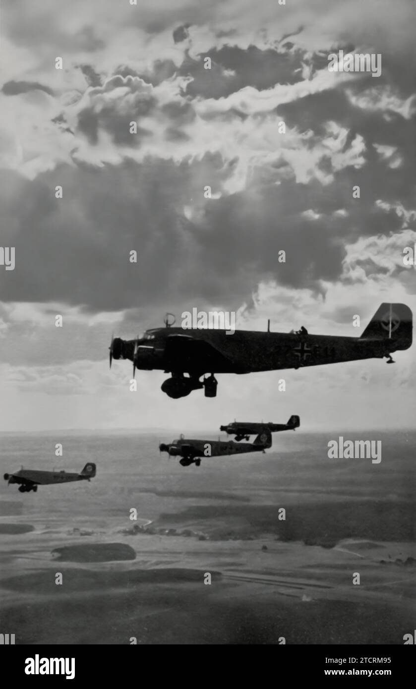 Capturing a scene of bombers over Nuremberg, this image reflects a significant aspect of Nazi Germany's military strategy and technological advancement in aerial warfare. The presence of these aircraft over Nuremberg, a city central to Nazi propaganda and rallies, symbolizes the Luftwaffe's growing power and the regime's emphasis on air superiority as a key element in its military arsenal. Stock Photo