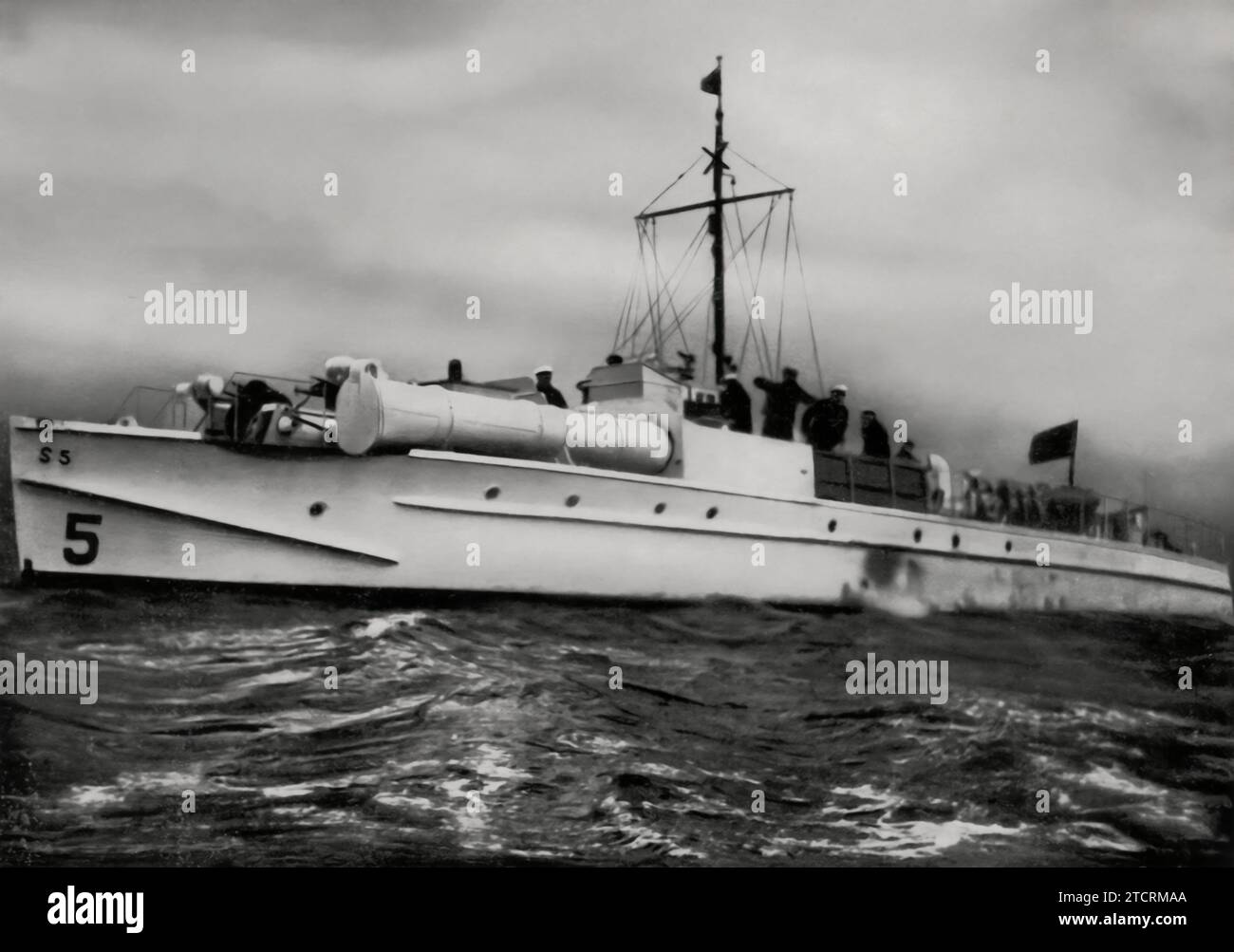 The 'Windhunde der Ostsee' (Greyhounds of the Baltic), a German Schnellboot (fast boat), is captured in this image. Known for their speed and agility, these fast boats were a crucial part of the Kriegsmarine's operations in the Baltic Sea. Their role in quick, tactical maneuvers and reconnaissance missions made them a symbol of the modern and versatile naval capabilities of Nazi Germany during this period. Stock Photo