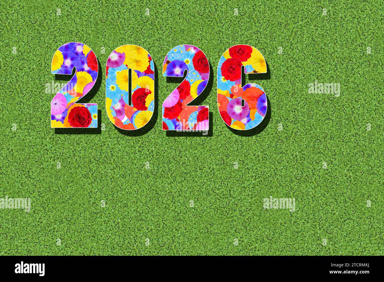 calendar year 2026 written with colorful flowers on green background