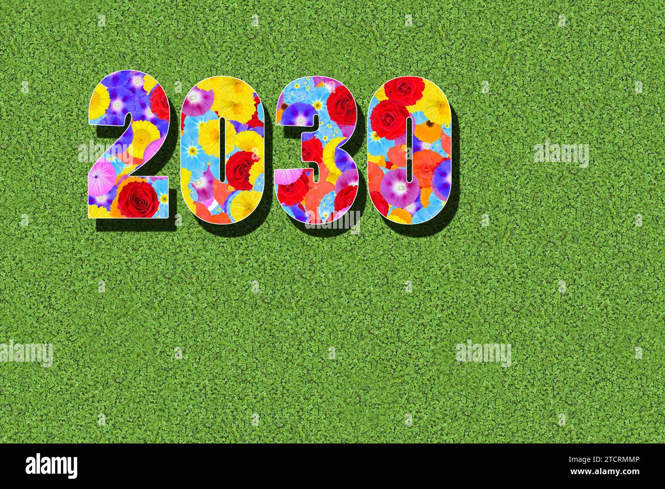 calendar year 2030 written with colorful flowers on green background