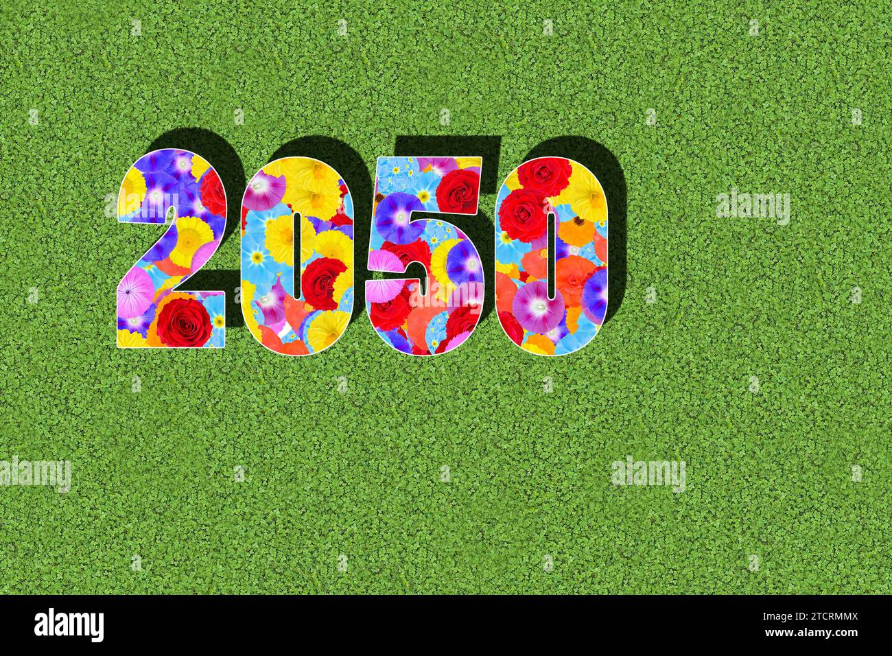 calendar year 2050 written with colorful flowers on green background 2050 Year Calendar