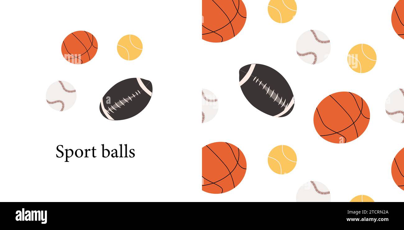 balls for rugby, baseball, tennis, basketbol background and seamless pattern. Vector illustration can used for boys pattern, sporting things, textile, wallpaper, poster. Sport balls - cartoon flat. Stock Vector