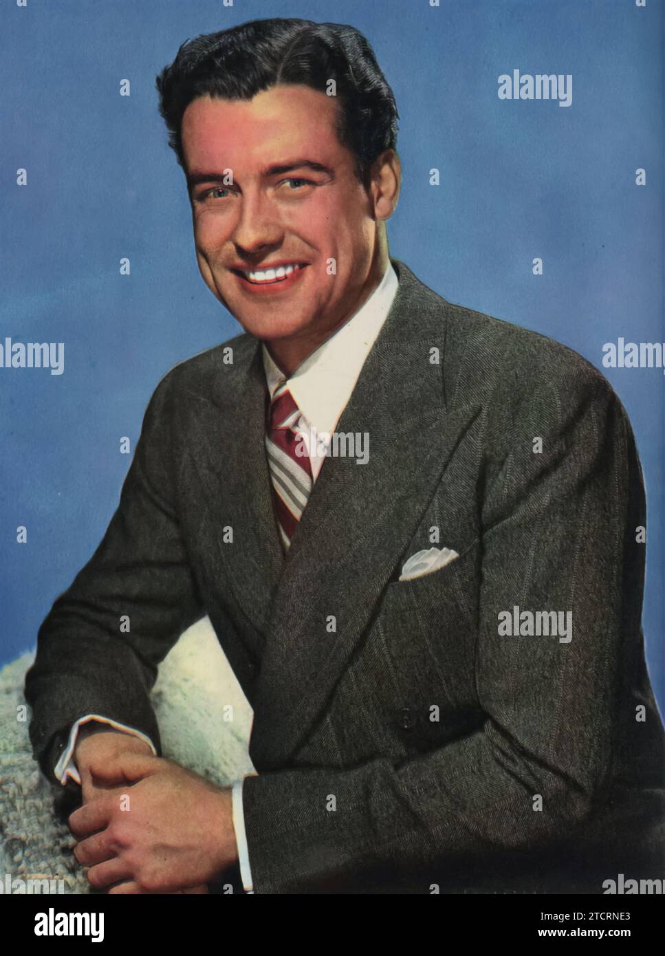 Portrait of Richard Greene, a notable actor known for his dashing roles during the 1940s and 1950s. Born on 25th August 1918, and passing away on 1st June 1985, Greene's charm and acting prowess made him a favorite among audiences. He is perhaps best remembered for his iconic portrayal in the television series 'The Adventures of Robin Hood'. Stock Photo