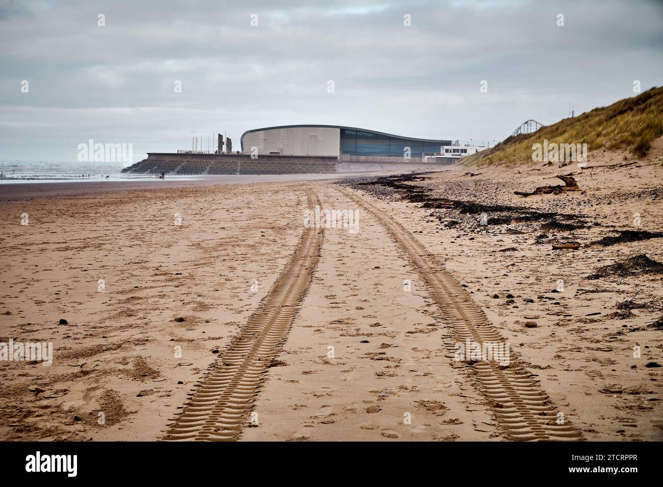 Blackpool tram depot and beach at Squires Gate Stock Photo