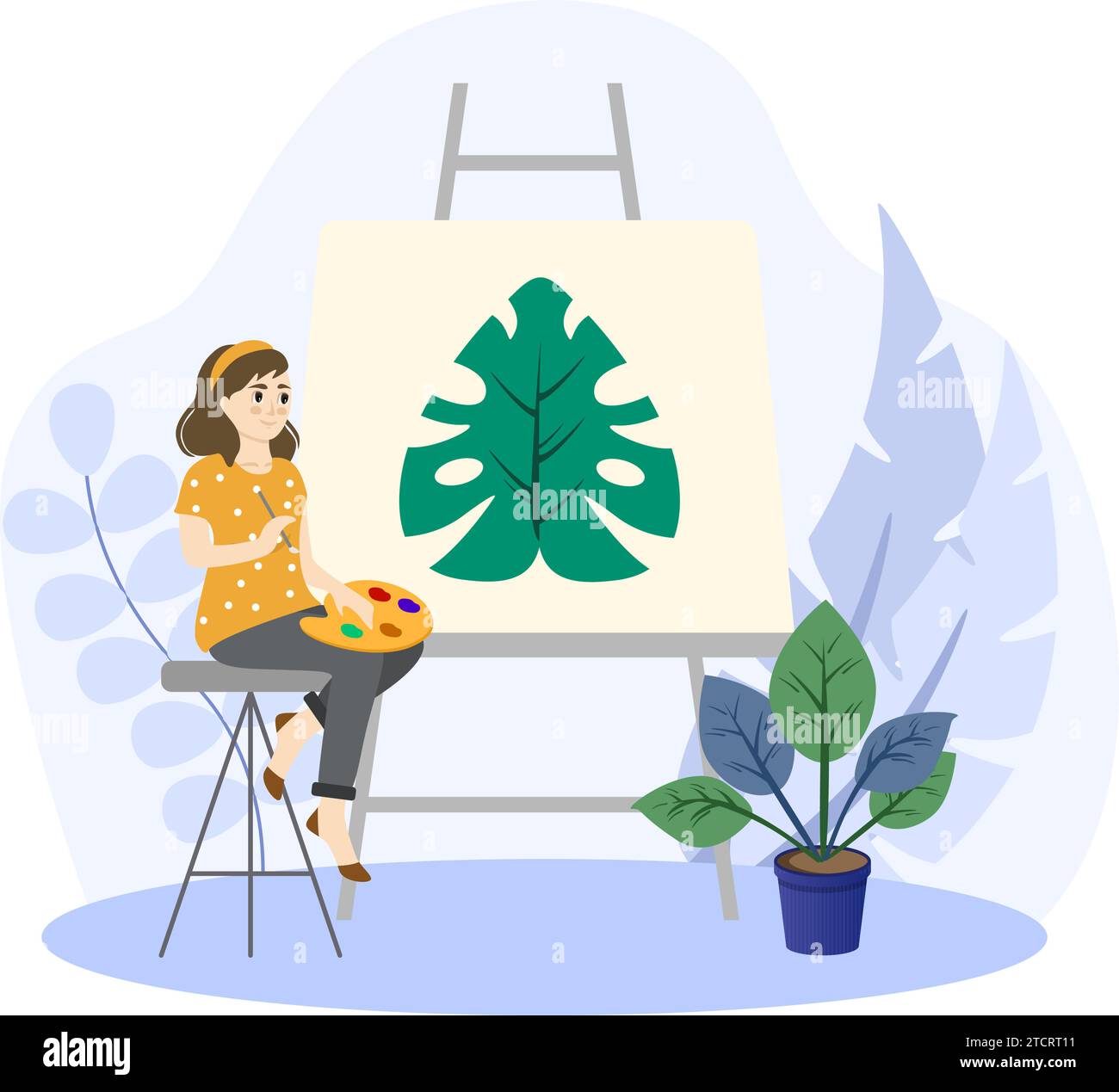 Artist illustration. Cute woman paints on canvas in an art workshop. Artist creating picture. Art school or studio. Colorful vector illustration Stock Vector