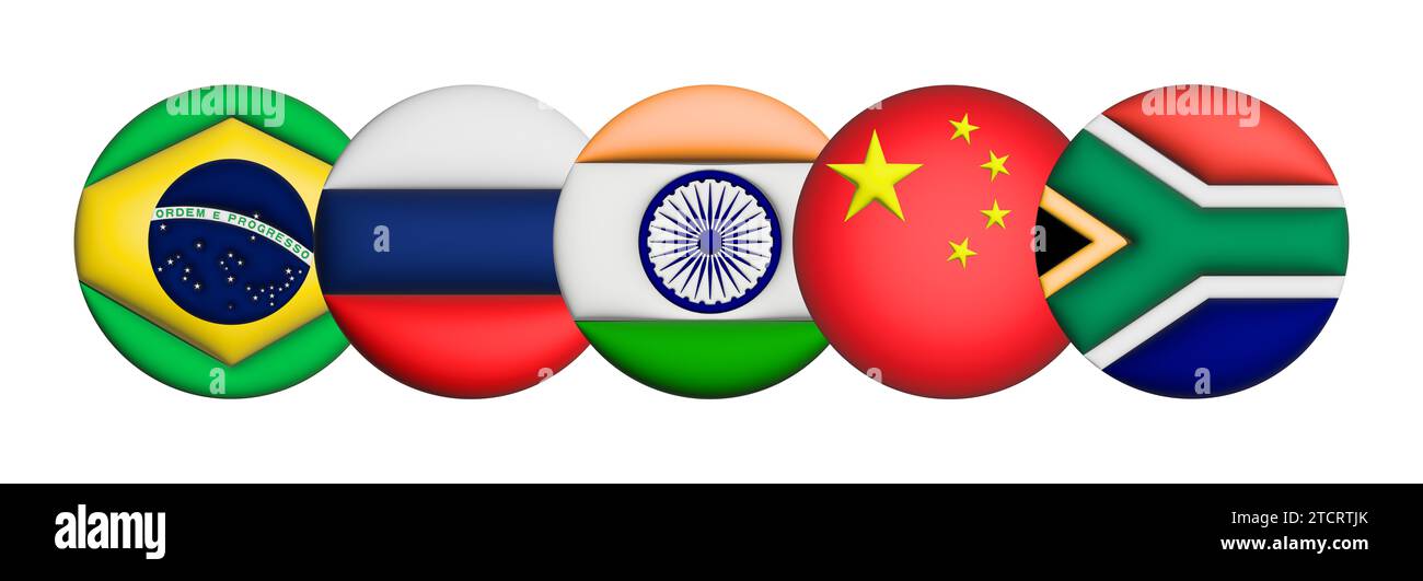 3D Flag of BRICS on an avatar circle. BRICS is a grouping of the world economies of Brazil, Russia, India, China, and South Africa. Stock Photo